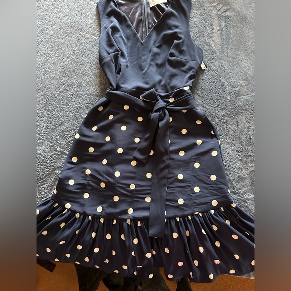 New York and Company blue with white polka dots, belted midi dress. - Picture 3 of 4